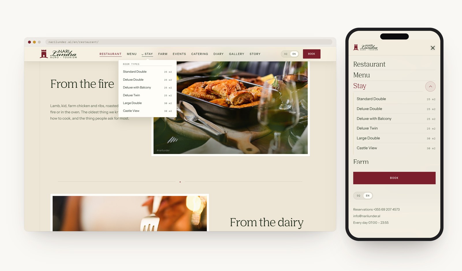 The room submenu in the desktop header beside the full-screen menu on a phone