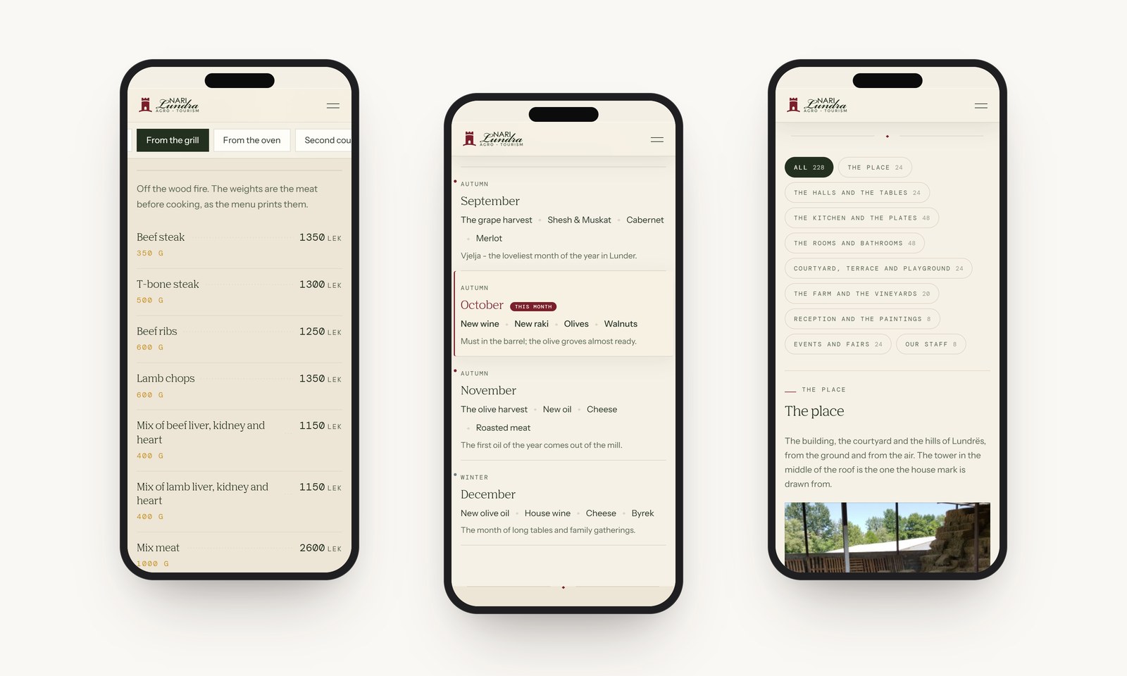 The menu, the calendar and the gallery on three phones