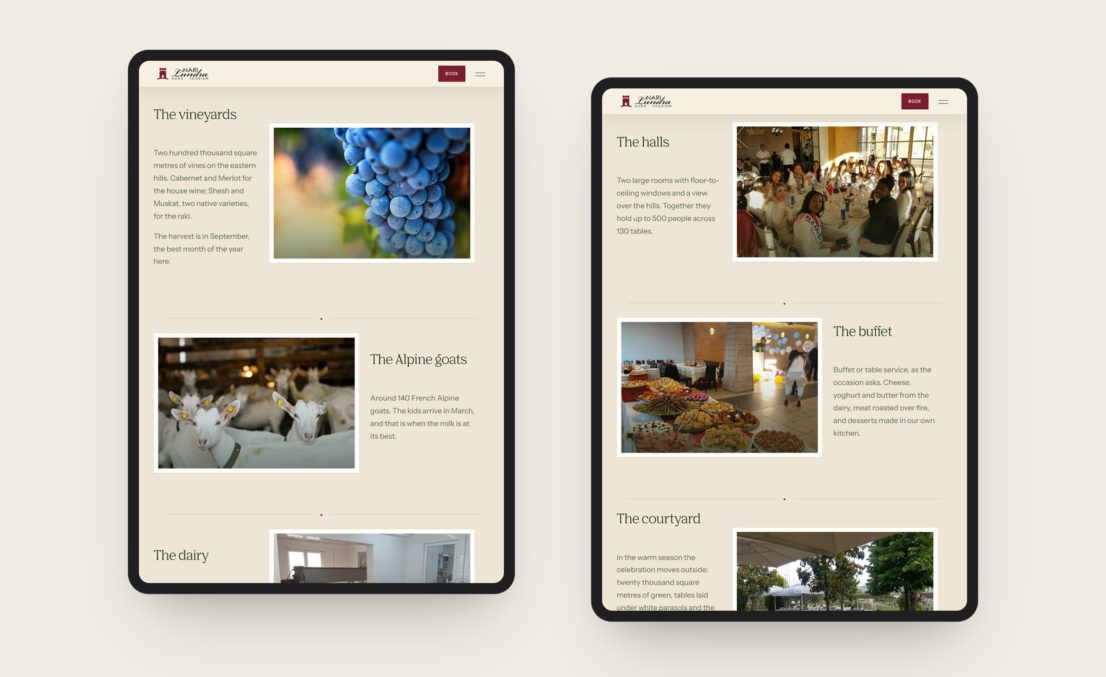 The farm and events pages on two tablets