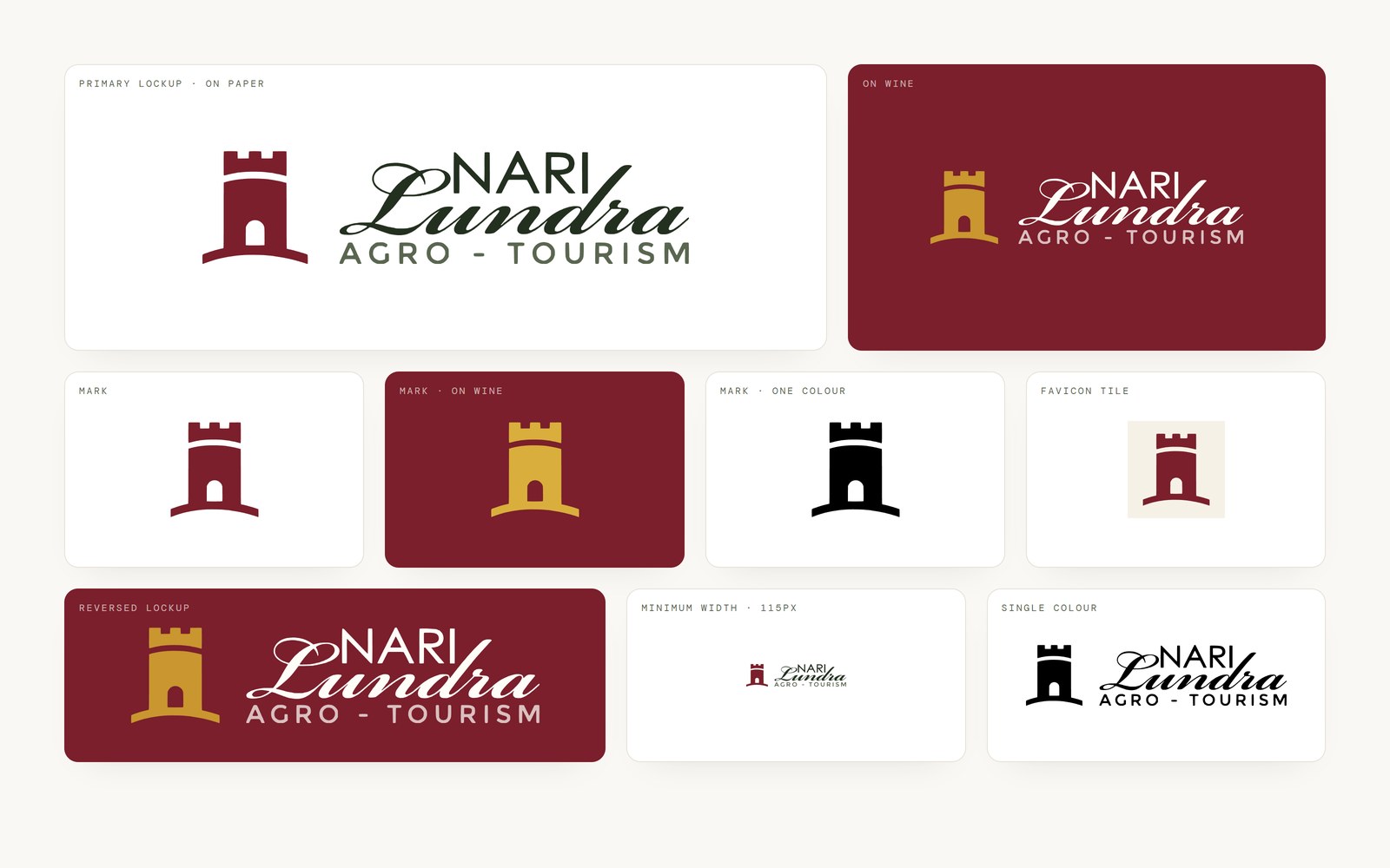 The redrawn logo on paper and on wine, with the mark and the favicon