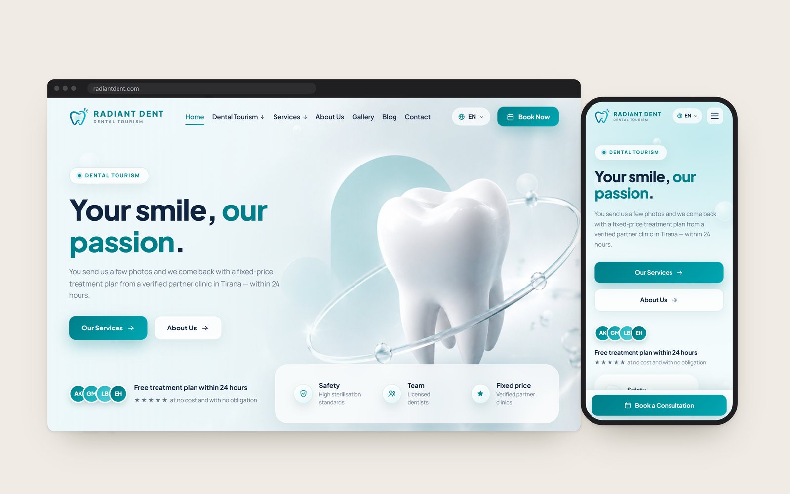 The Radiant Dent home page in a browser, with the phone view beside it