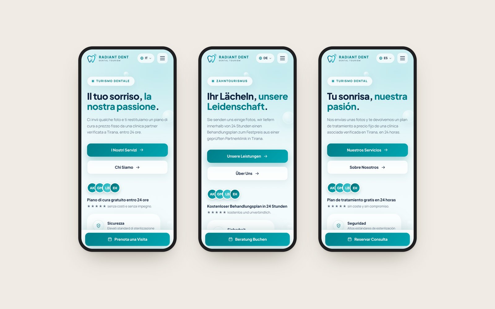 The home page on three phones, in Italian, German and Spanish
