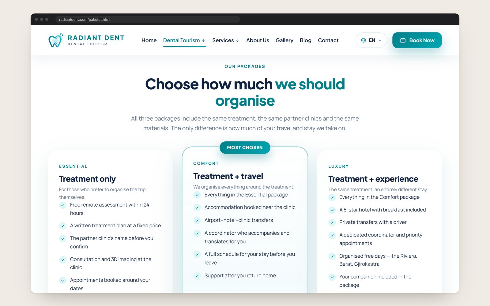 The Packages page: three levels of how much Radiant Dent organises