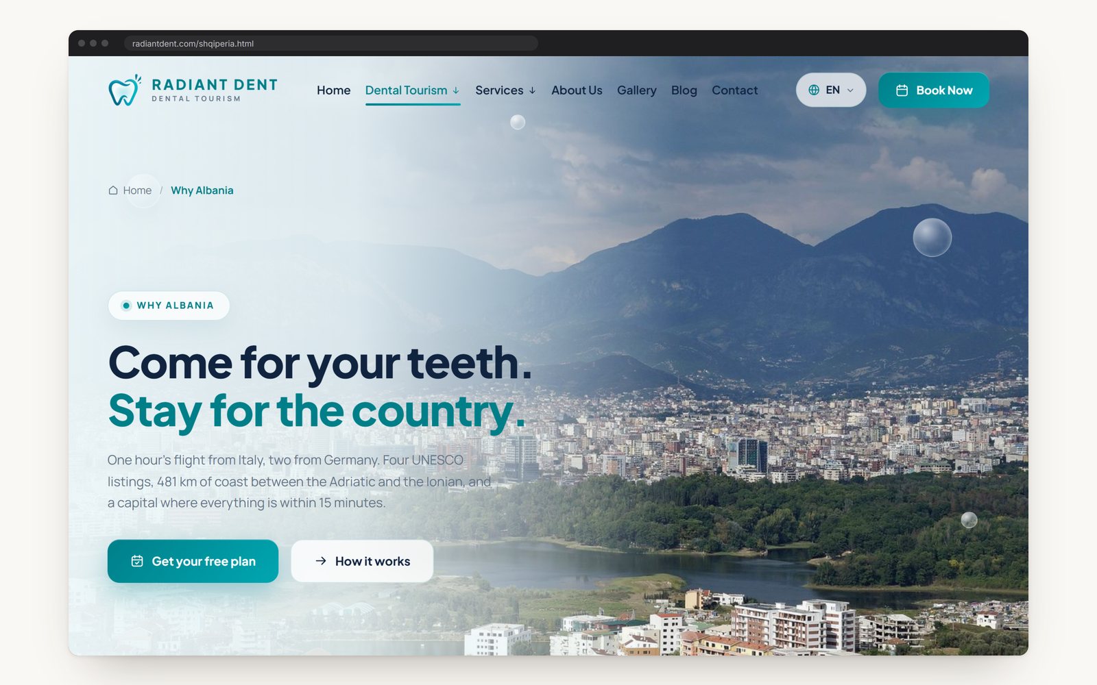 The Why Albania page, opening on a view of Tirana