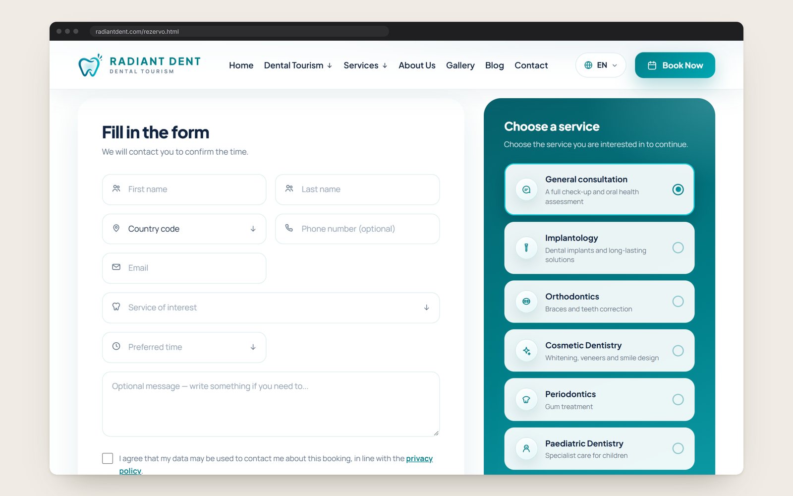 The booking page: a form on the left, the choice of service on the right