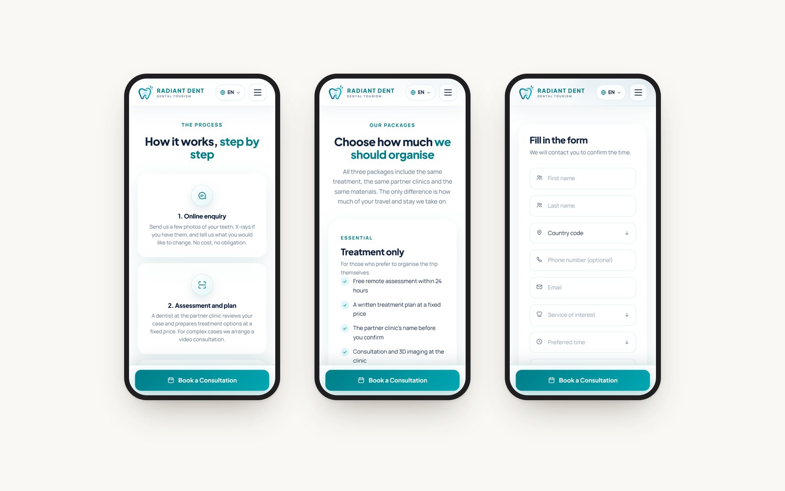 Three phone screens: the six steps, the packages and the booking form
