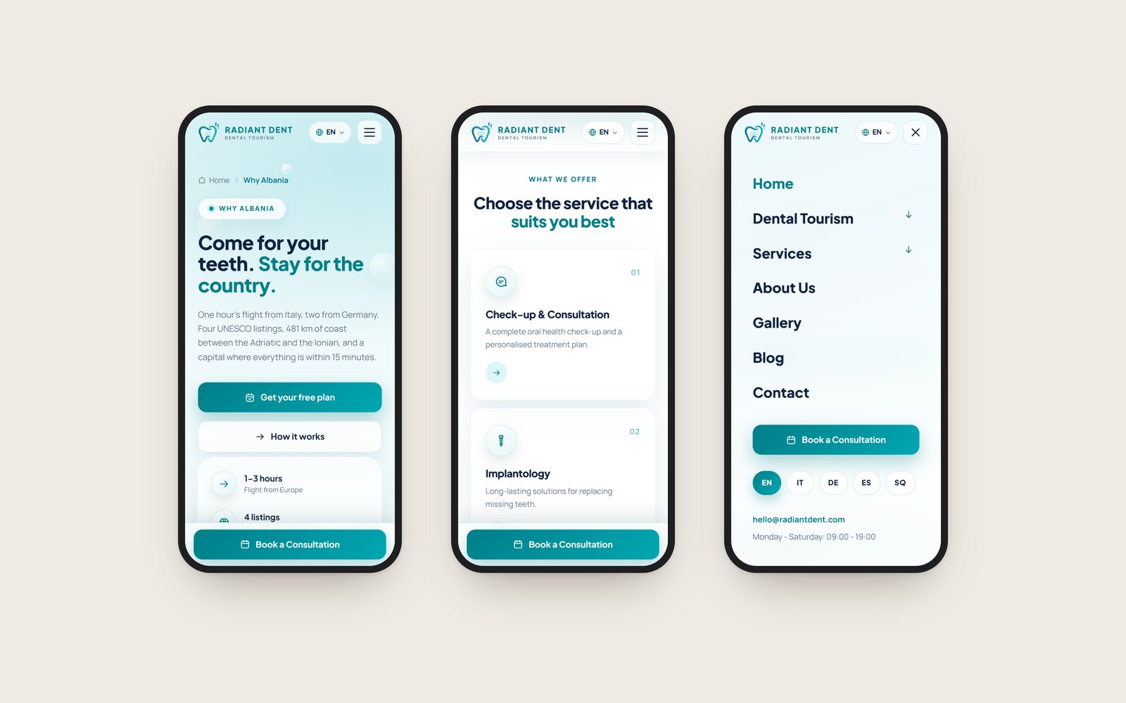 Three phone screens: the Why Albania page, the services and the open menu with its language chips