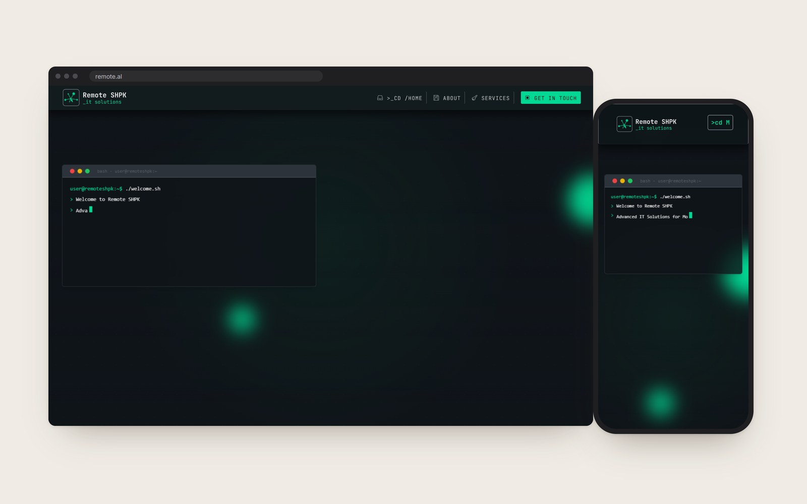 The Remote SHPK home page, a terminal window on a dark console, in a browser and on a phone