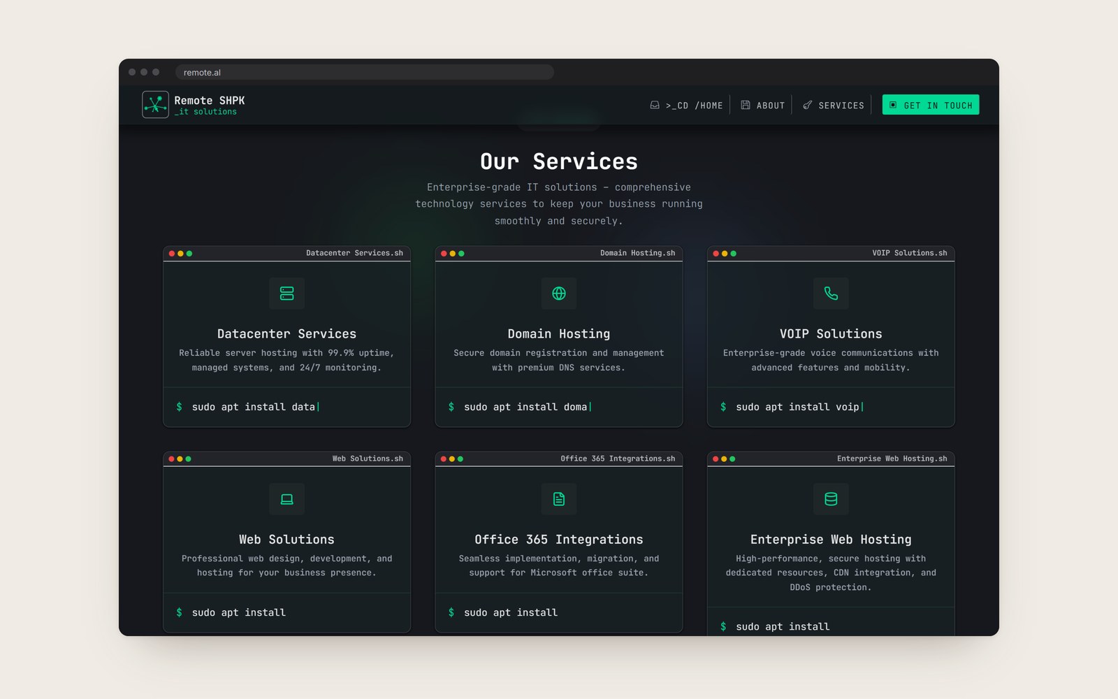 The services as six terminal windows, each ending in an install command
