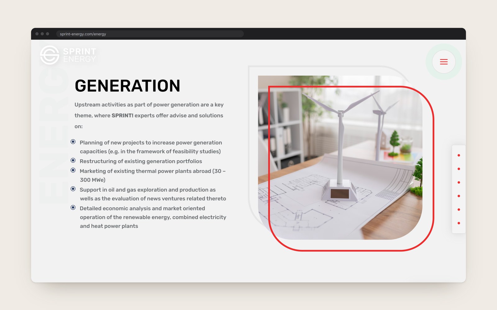 The Generation section: what Sprint Energy advises on, beside a model wind turbine framed in red