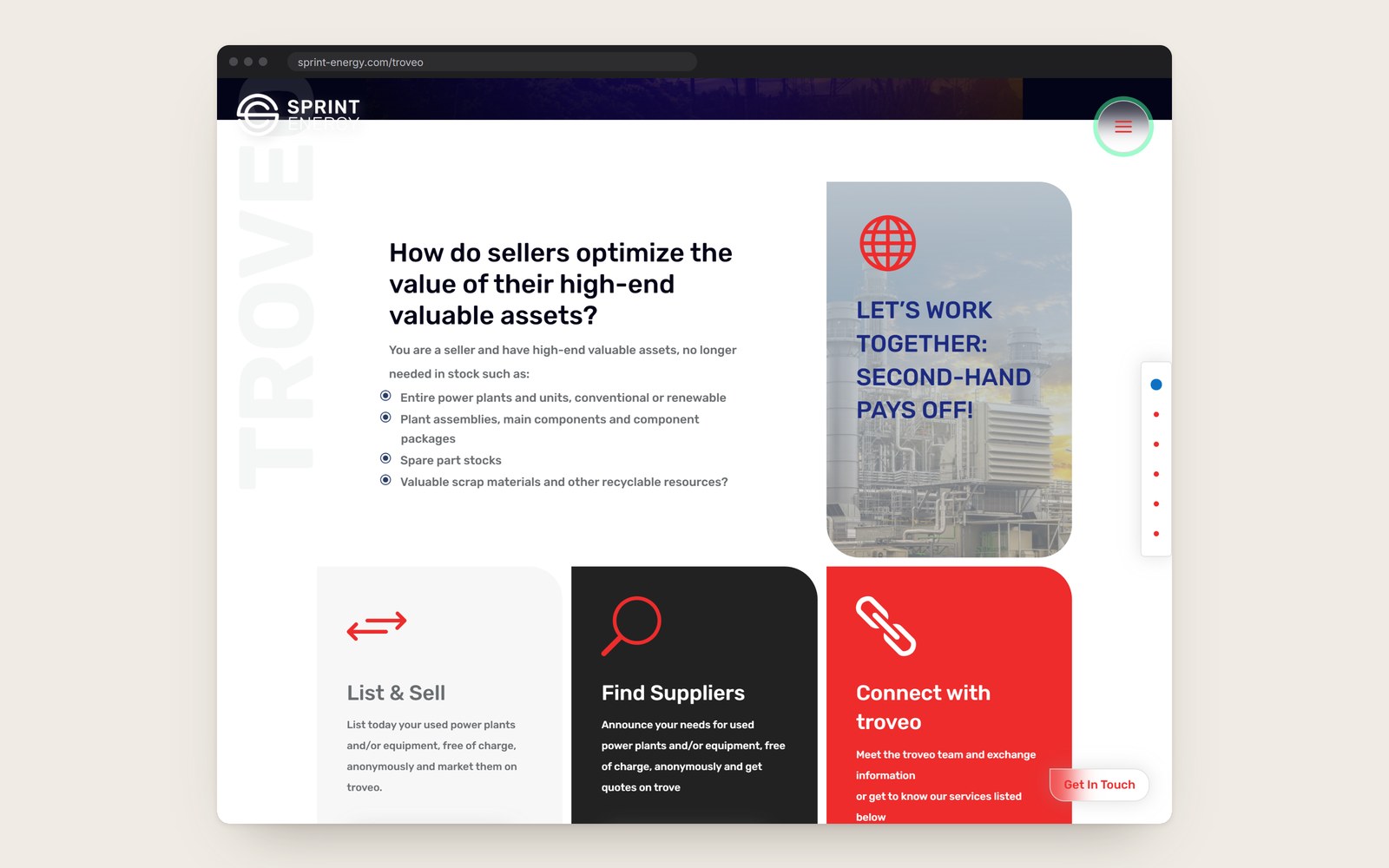 The Troveo page for sellers, with three cards: List and Sell, Find Suppliers, Connect with troveo