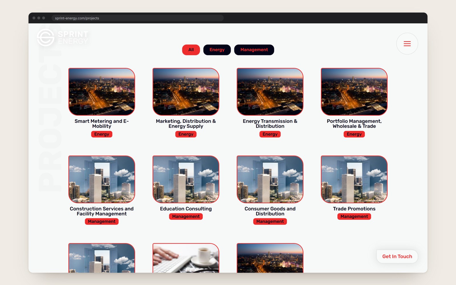The project index with its filter and project cards