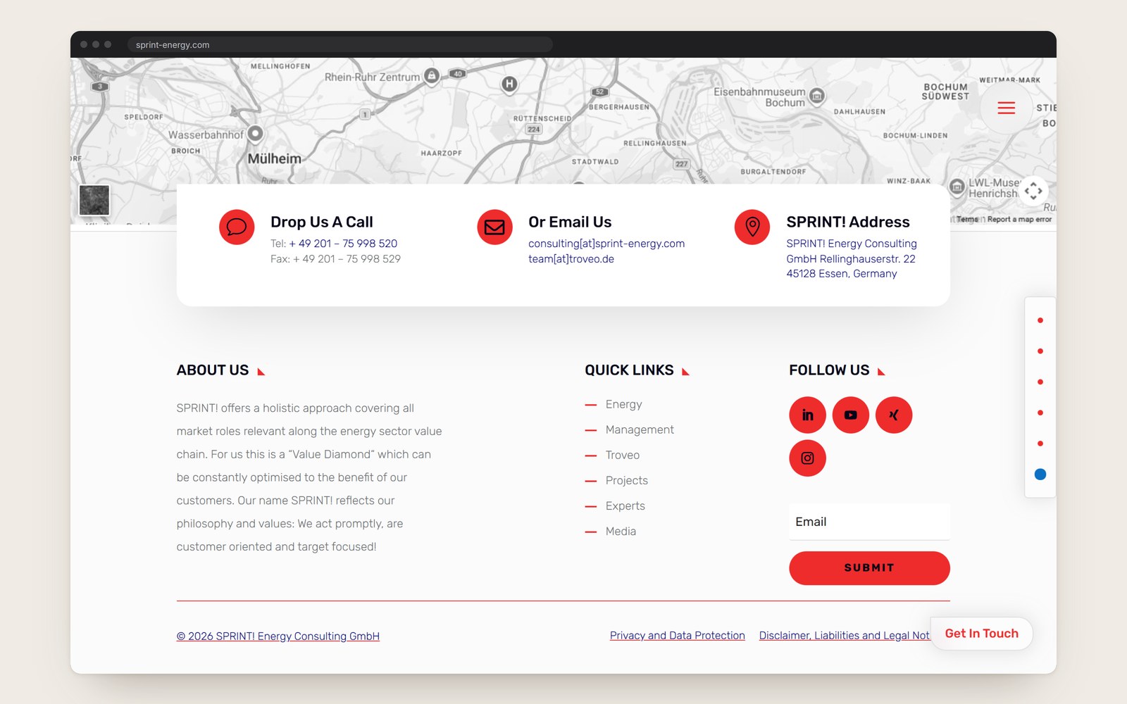 The end of a page: a map, phone, email and address, and the footer